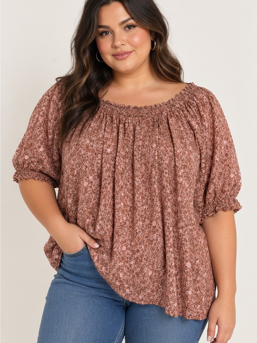 Lane Bryant smocked scoop-neck floral peasant blouse brown pink boho flowy 26/28